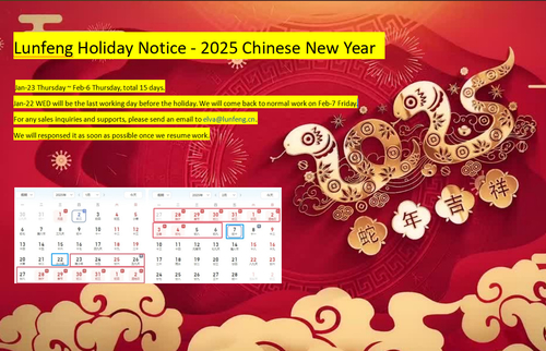 Últimos blogs da empresa sobre O feriado do Ano Novo Chinês (CNY) de Lunfeng: 23 de janeiro quinta-feira ~ 6 de fevereiro quinta-feira, um total de 15 dias.
